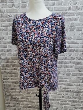 Michael Kors Navy Floral Short-Sleeve Tie-Hem Top, Womens Size M